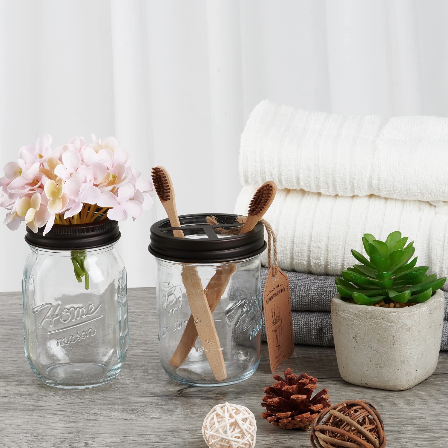 Amolliar Mason Jar Toothbrush Holder- Rustproof Stainless Steel - Holds 2 Toothbrushes And Toothpaste,With Chalkboard Labels - F